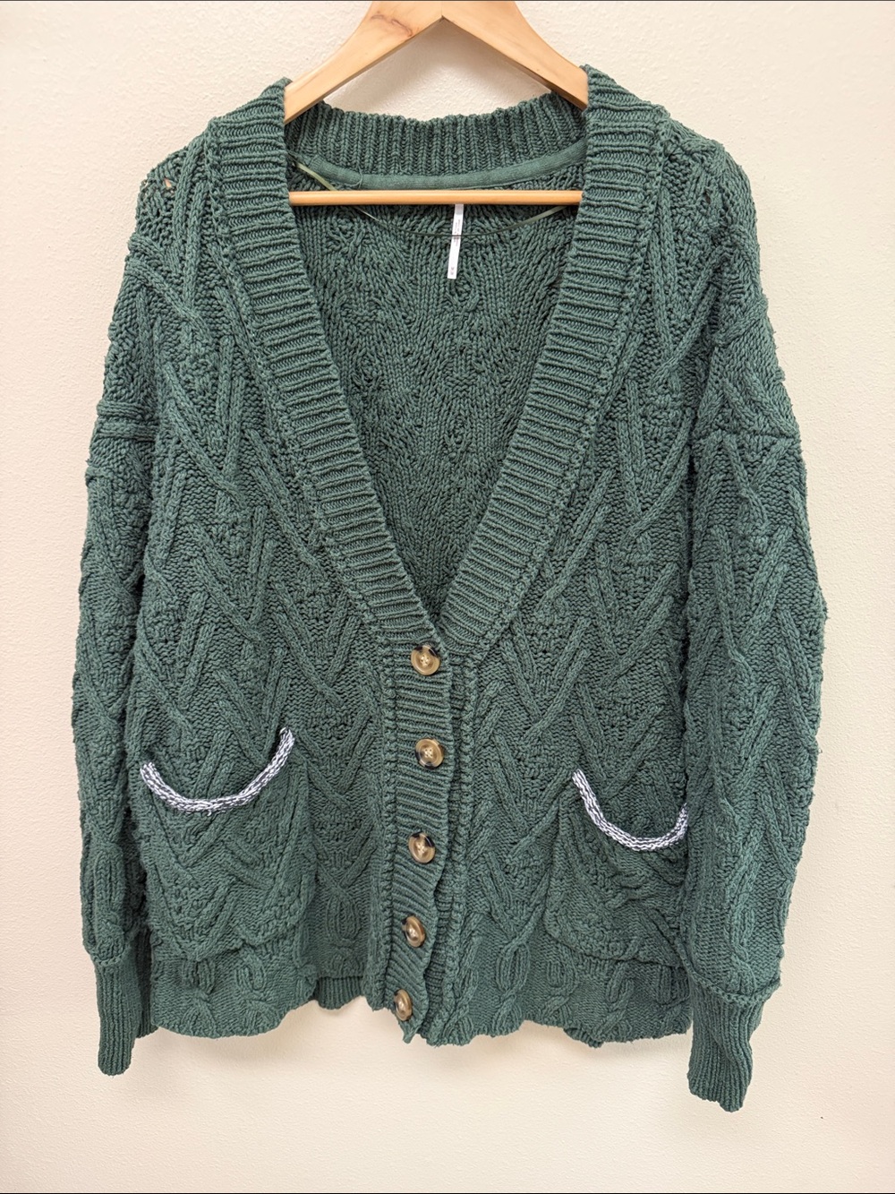 Free People Montana Green Cable Knit Button-Front Women's Cardigan Sweater SzS